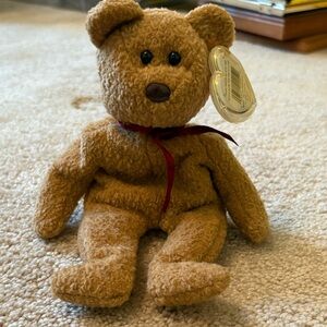 TY CURLY Beanie Baby Brown Teddy Bear Plush Toy